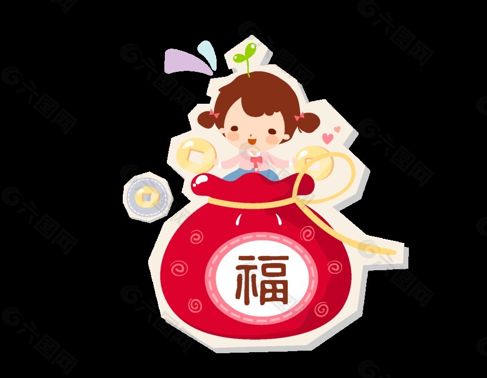 矢量手绘红色福袋里的可爱娃娃