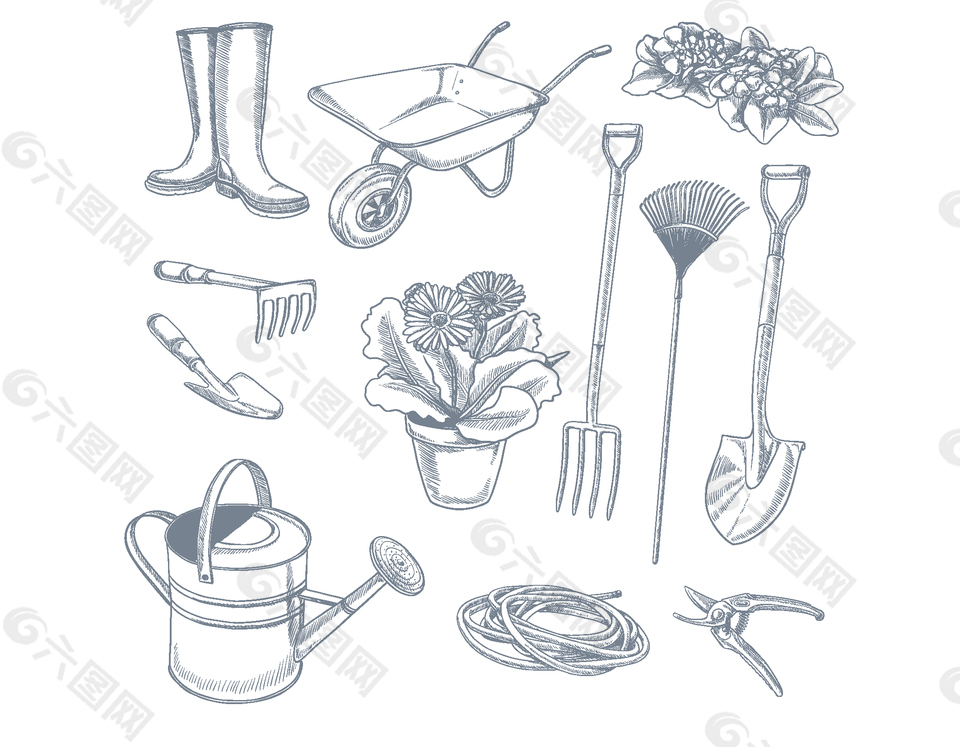 手绘黑白喷壶铲子元素