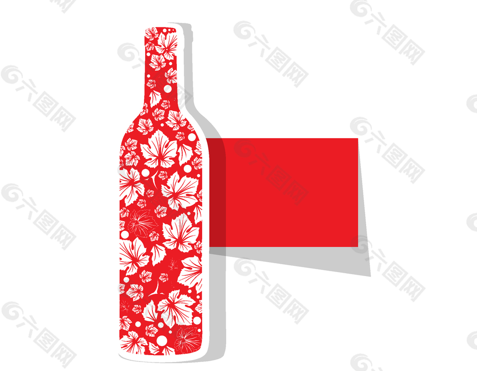 手绘红色花朵酒瓶元素