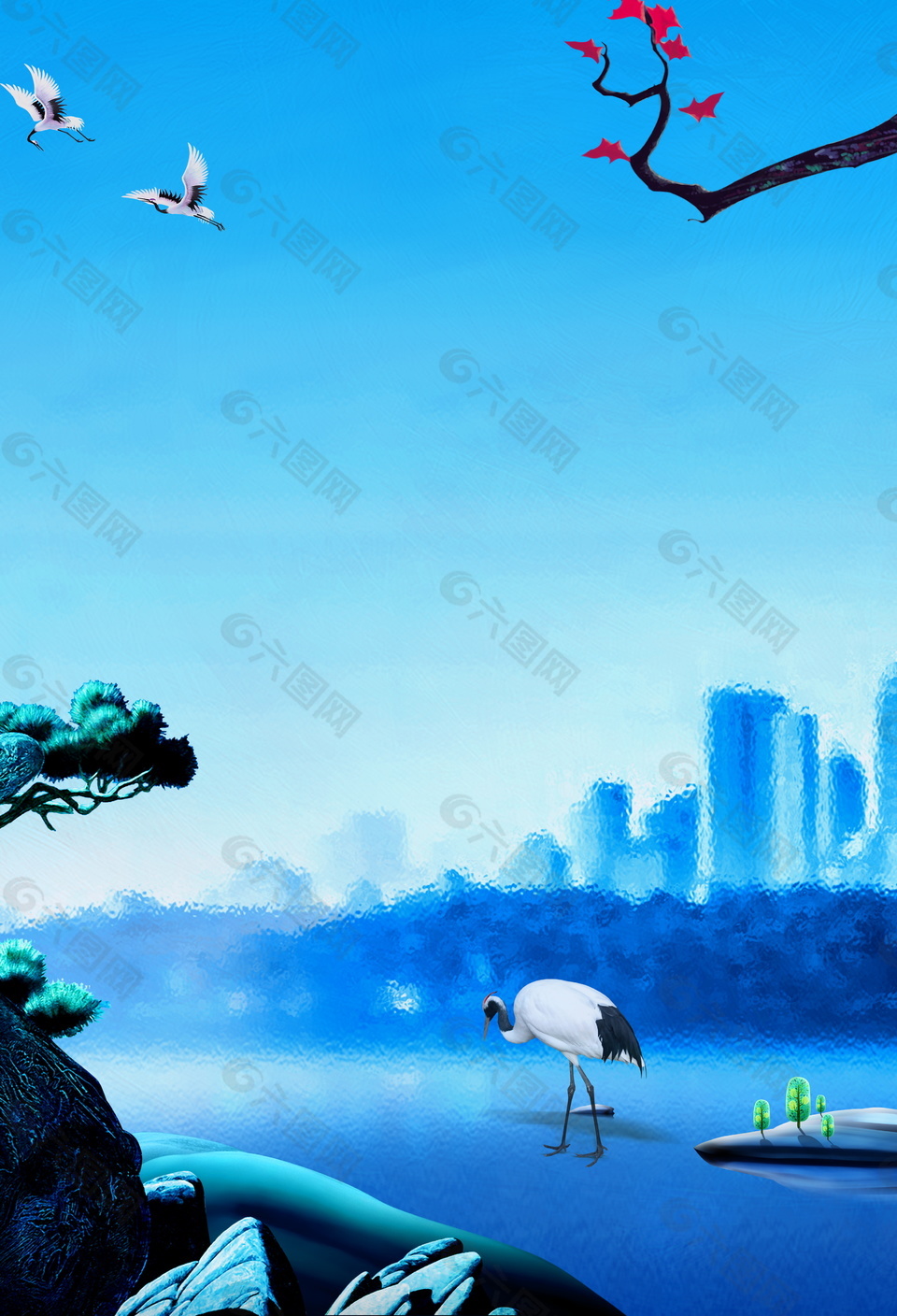 彩绘蓝色白露节气迎客松白鹤背景素材