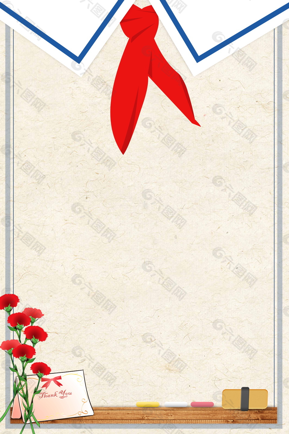 大红色康乃馨与红领巾设计教师节背景素材