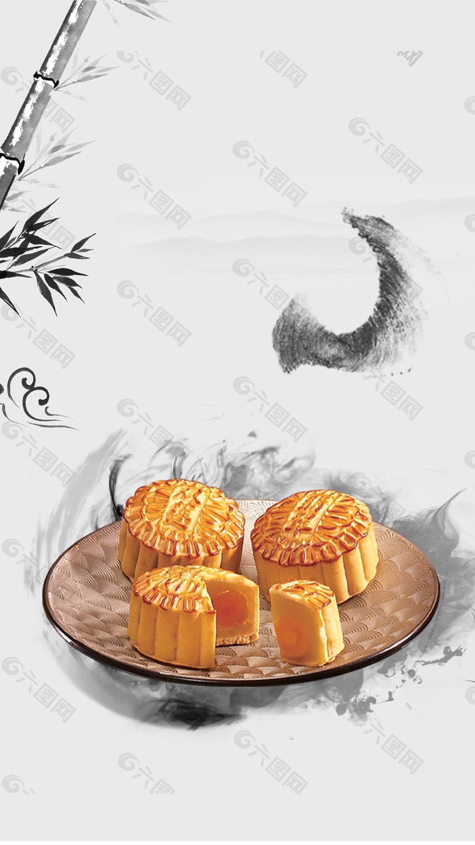 手绘中国风祥云竹子月饼海报背景素材