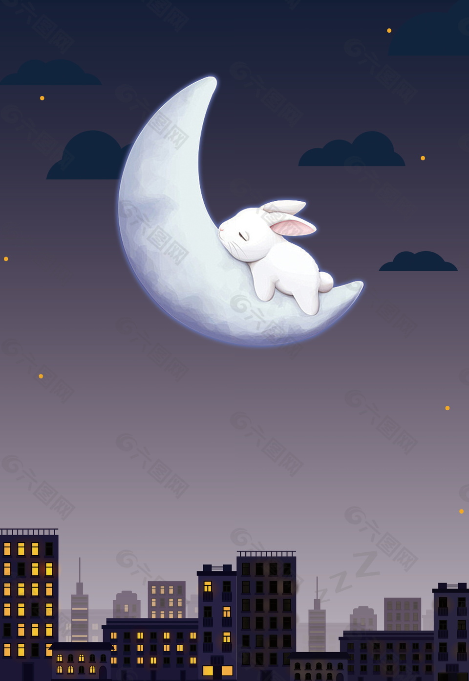 可爱白兔睡弯月中秋佳节背景素材