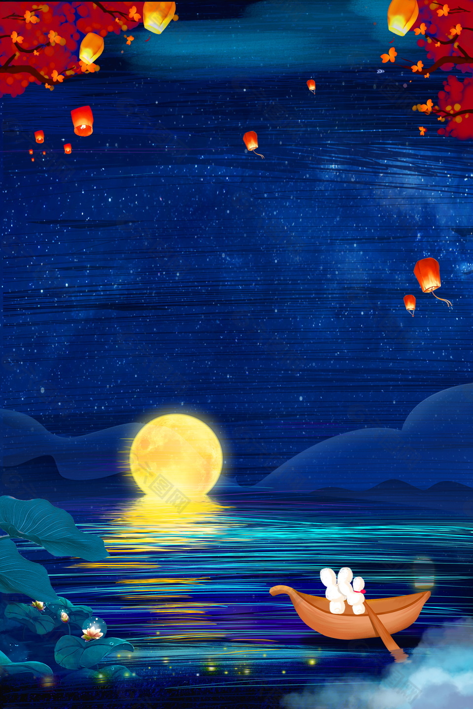 蓝色湖面出明月中秋节背景素材