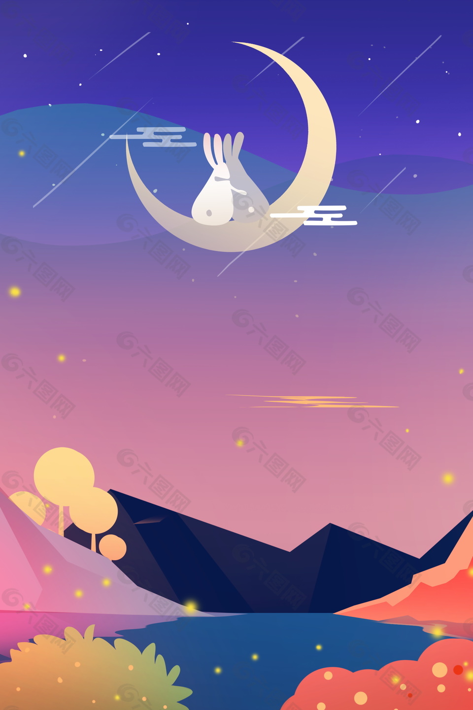 弯月上坐着的玉兔中秋节背景素材