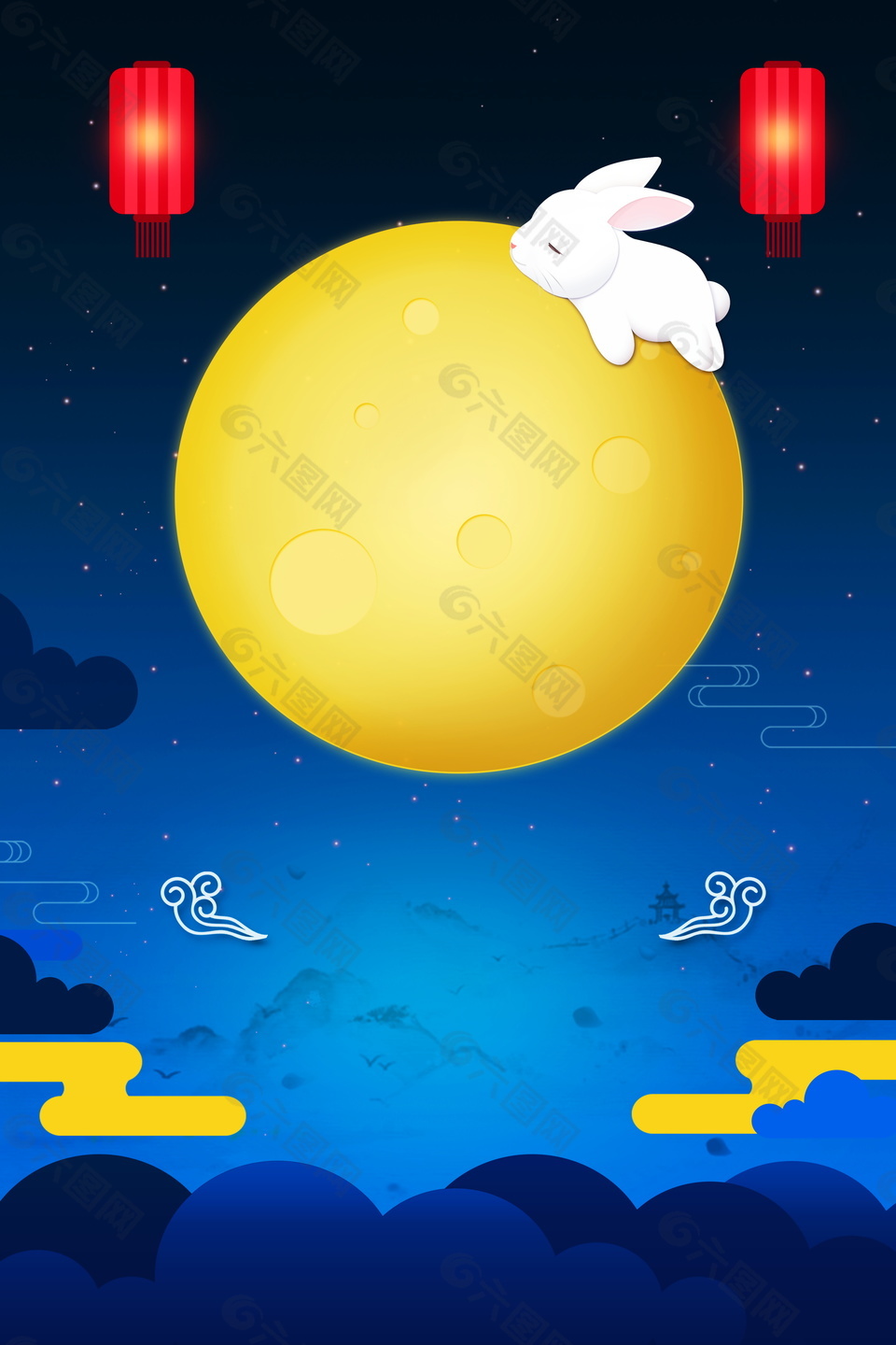 幽兰底纹趴在月亮上的兔子中秋节背景素材