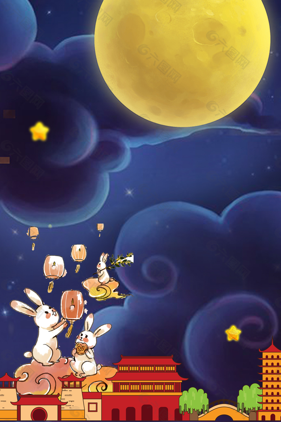 卡通中秋节团圆海报背景