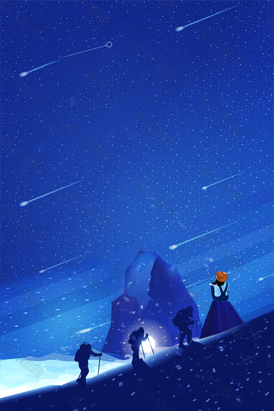 蓝色星光扁平爬山背景