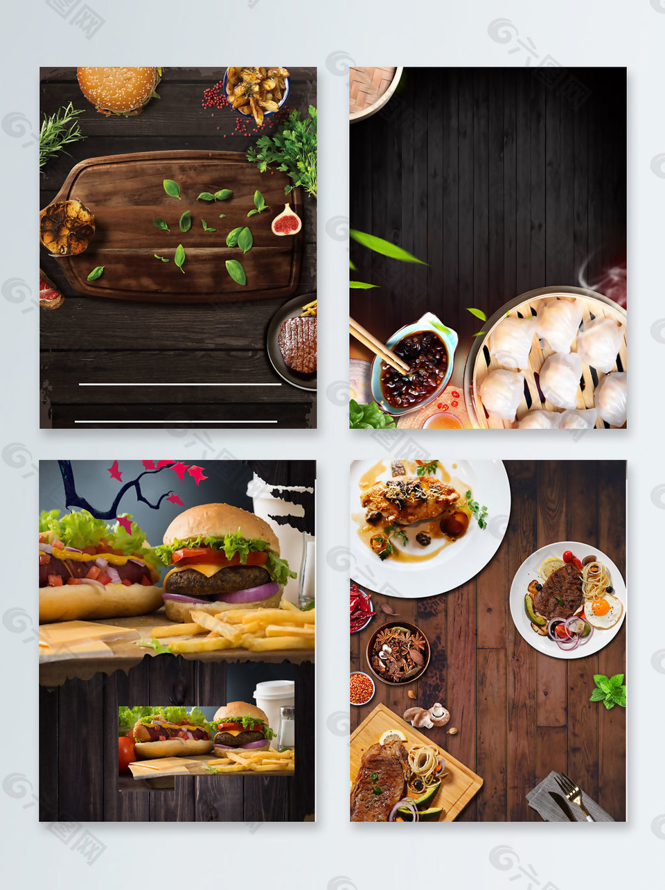 美食汉堡包木质纹理广告背景图