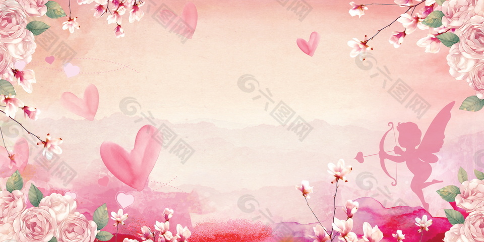 唯美粉色花朵爱心婚礼签到背景素材