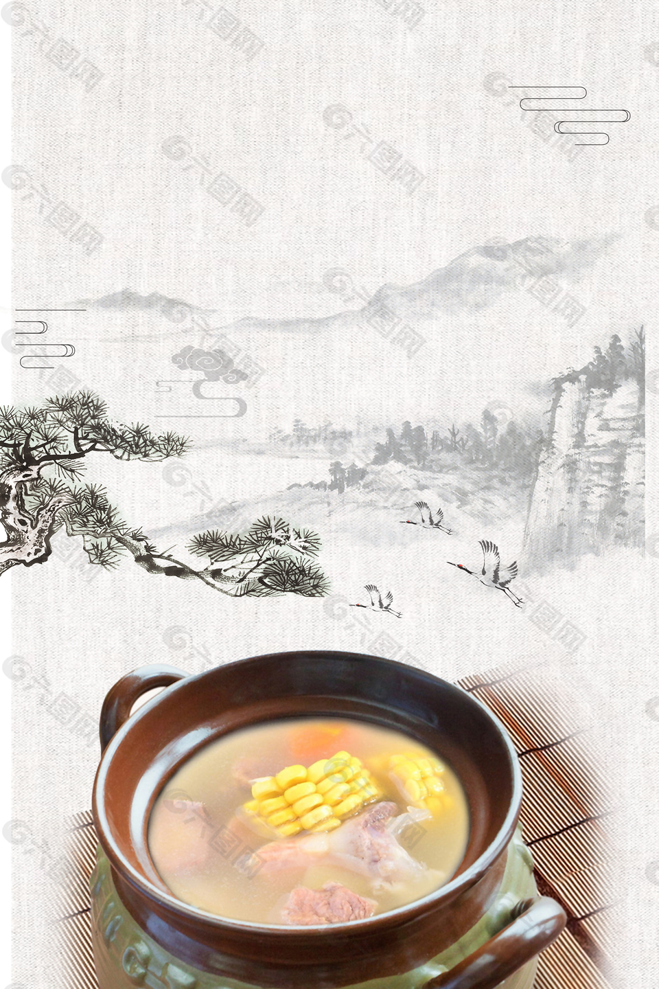 水墨中国风松树远山餐饮美食羊肉汤背景