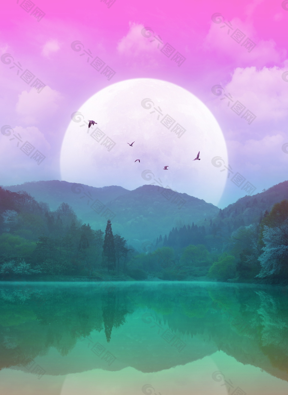彩色圆月山水风景倒影背景素材