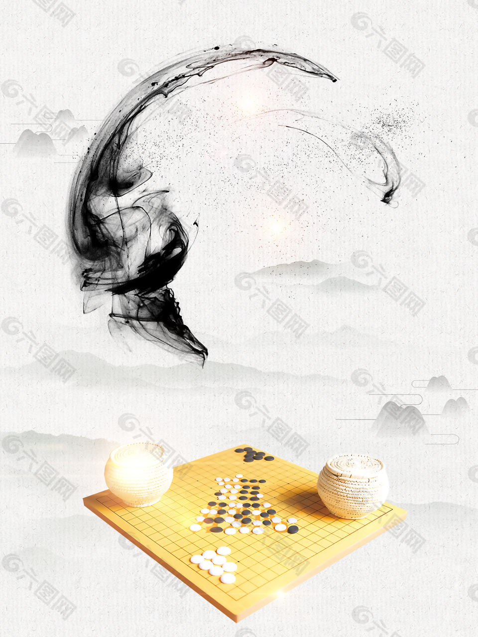 中国风下棋棋子水墨背景