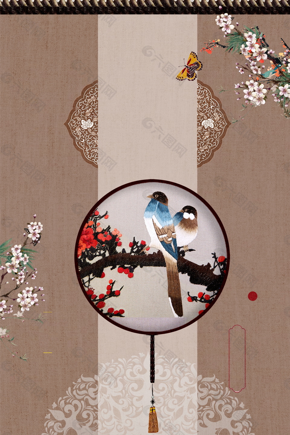 鸟语花香古风刺绣海报背景设计