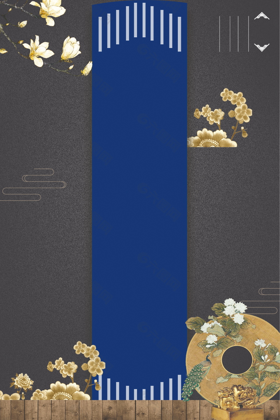 金色白玉兰花枝刺绣海报背景设计