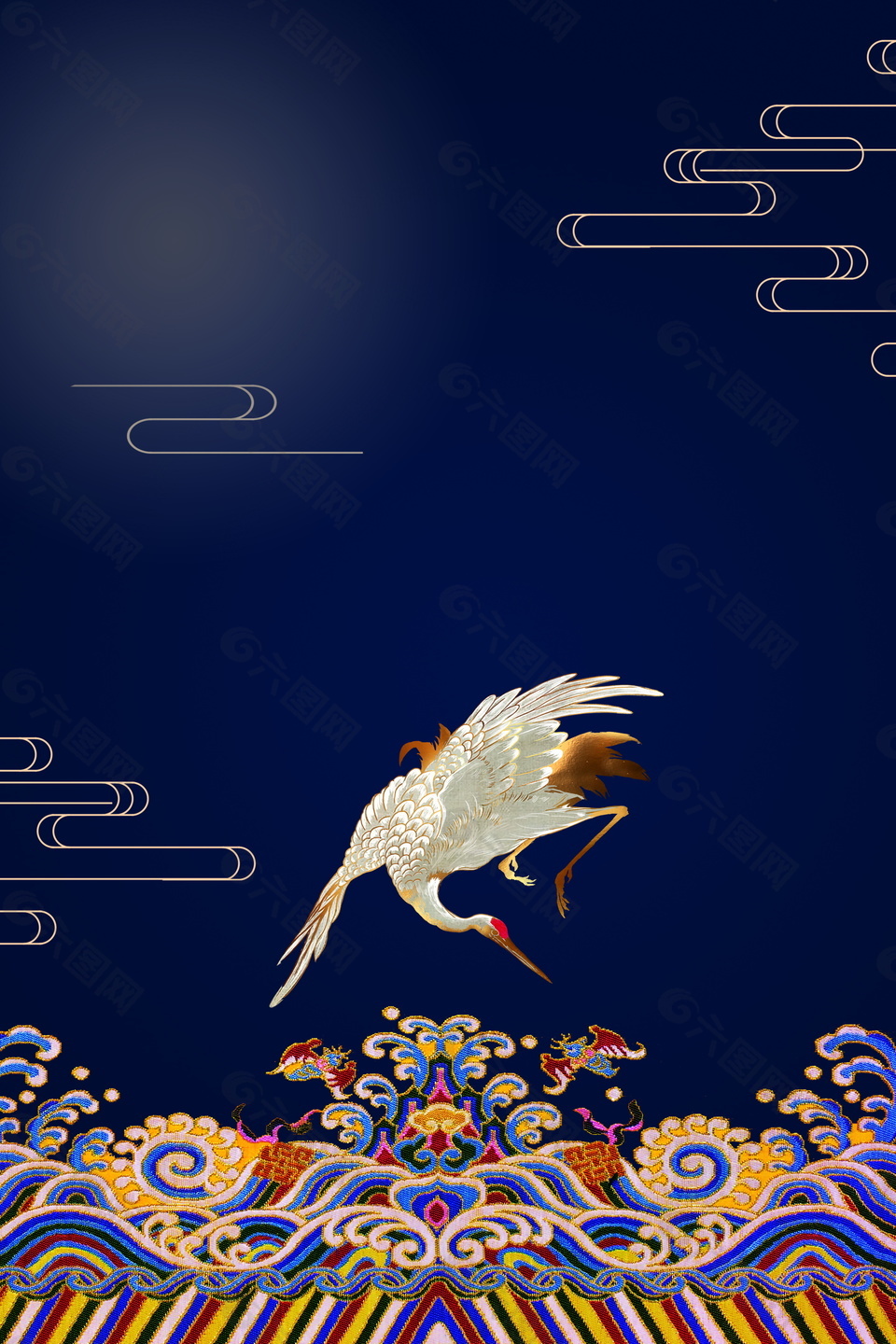 古典蓝色白鹤花纹刺绣海报背景设计