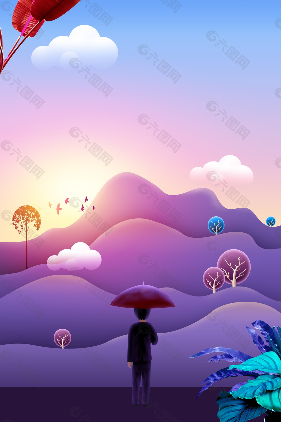 紫色系远山教师节海报背景设计