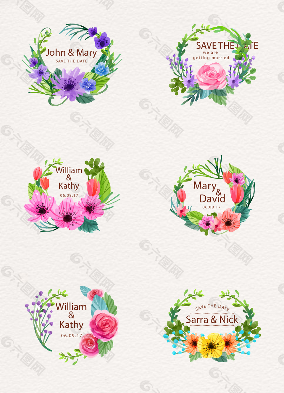 6款水彩绘花卉婚礼标签矢量素材