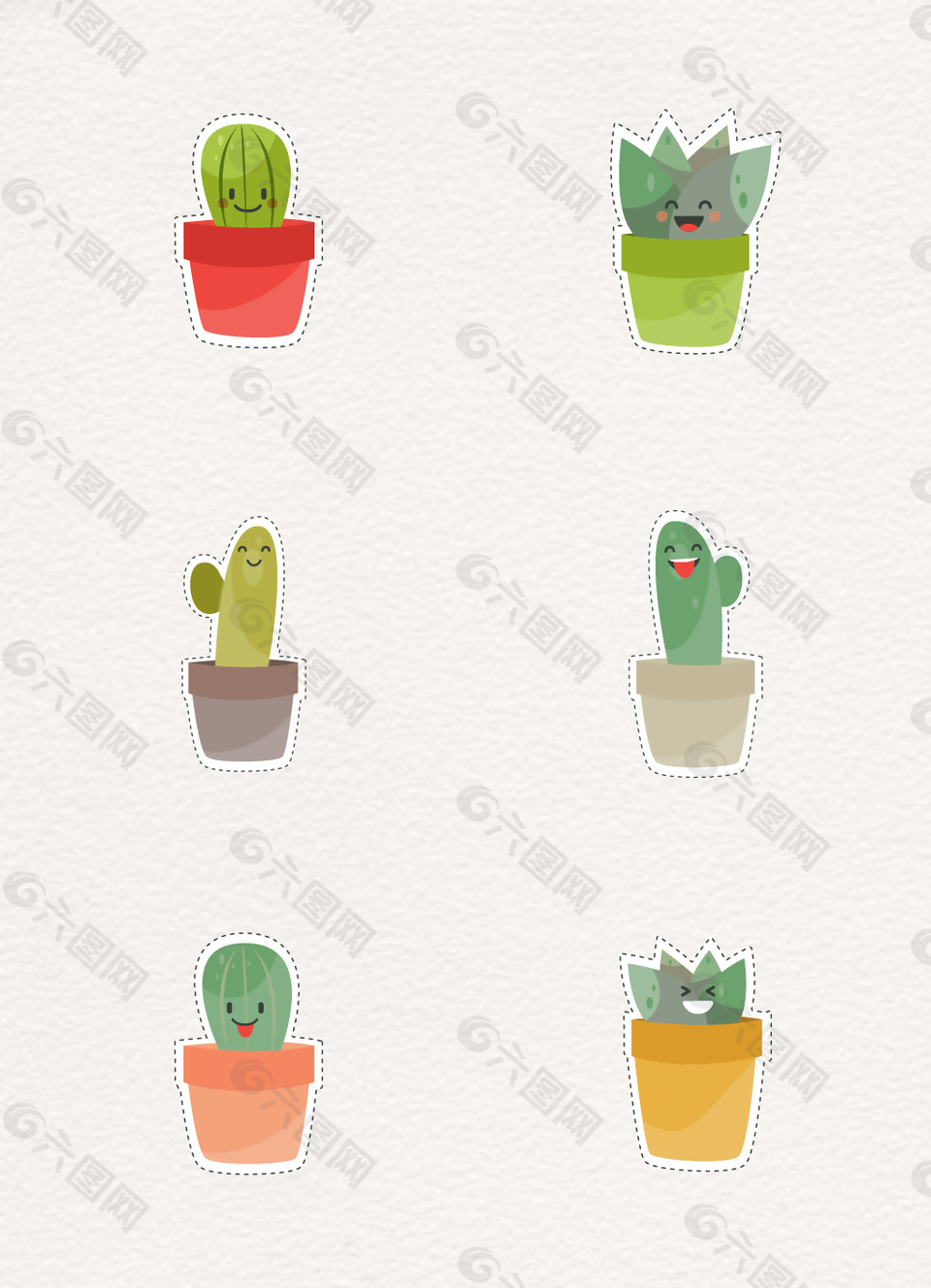6款彩绘微笑仙人掌盆栽贴纸矢量图