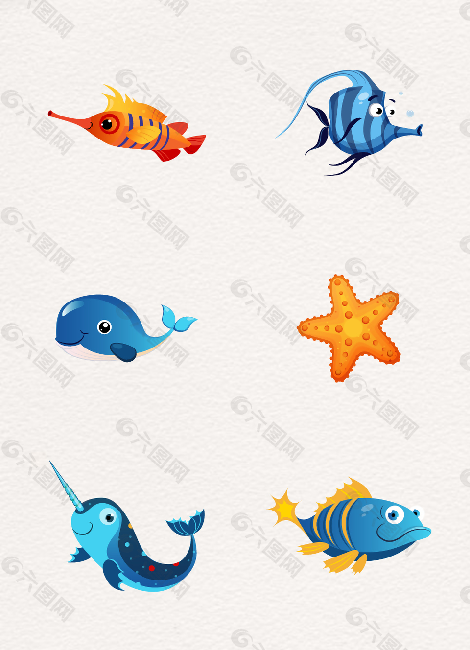 6组彩色海洋生物卡通可爱素材
