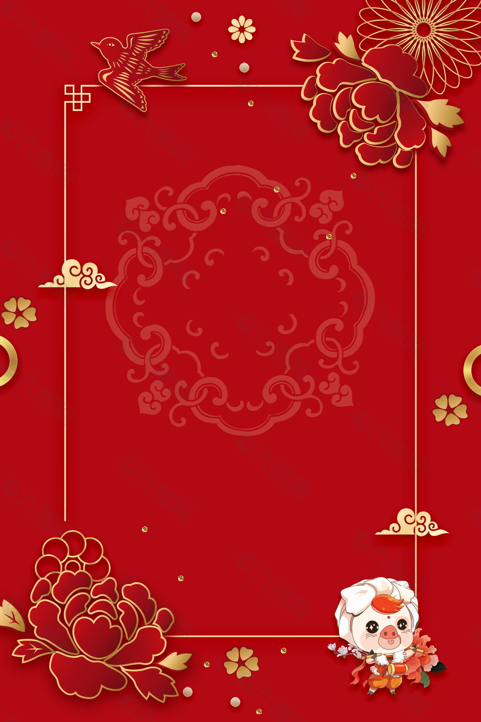 简约中国风牡丹祥云猪年海报背景设计