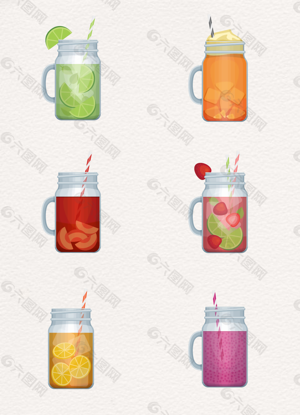 6组卡通玻璃杯美味夏日果汁元素