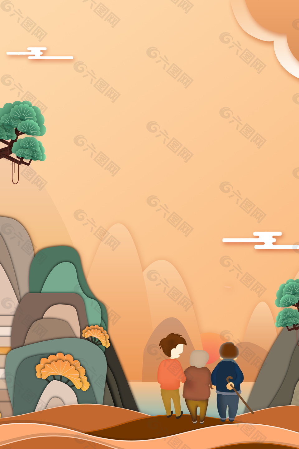 卡通手绘温馨家人登山重阳节背景素材