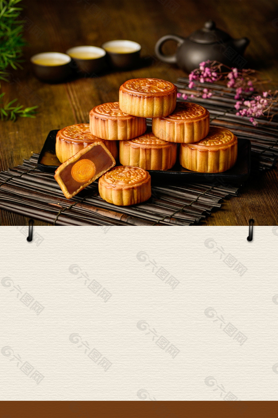 传统中秋月饼茶壶海报背景素材