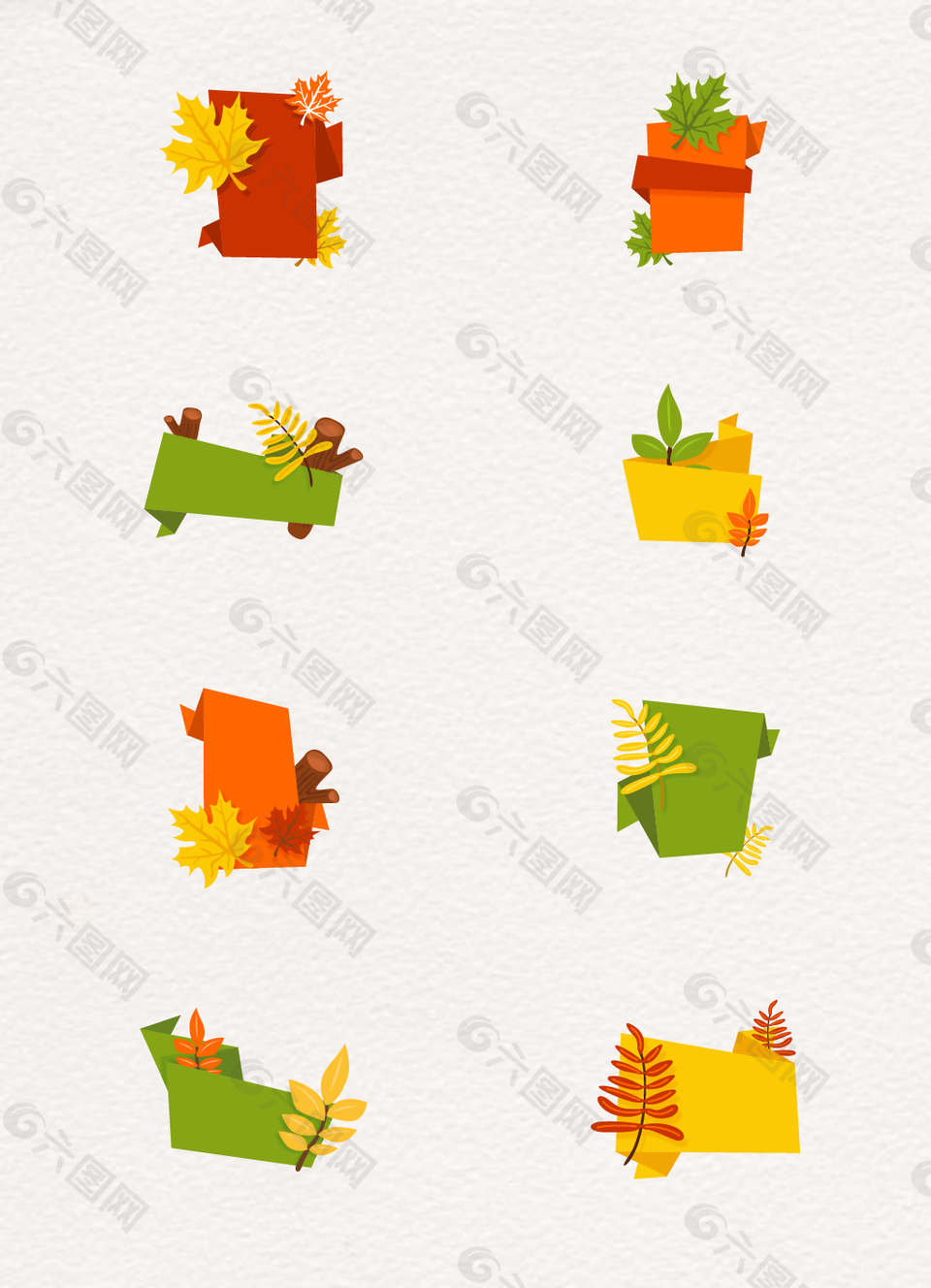 8组卡通彩色秋季树叶和空白横幅设计