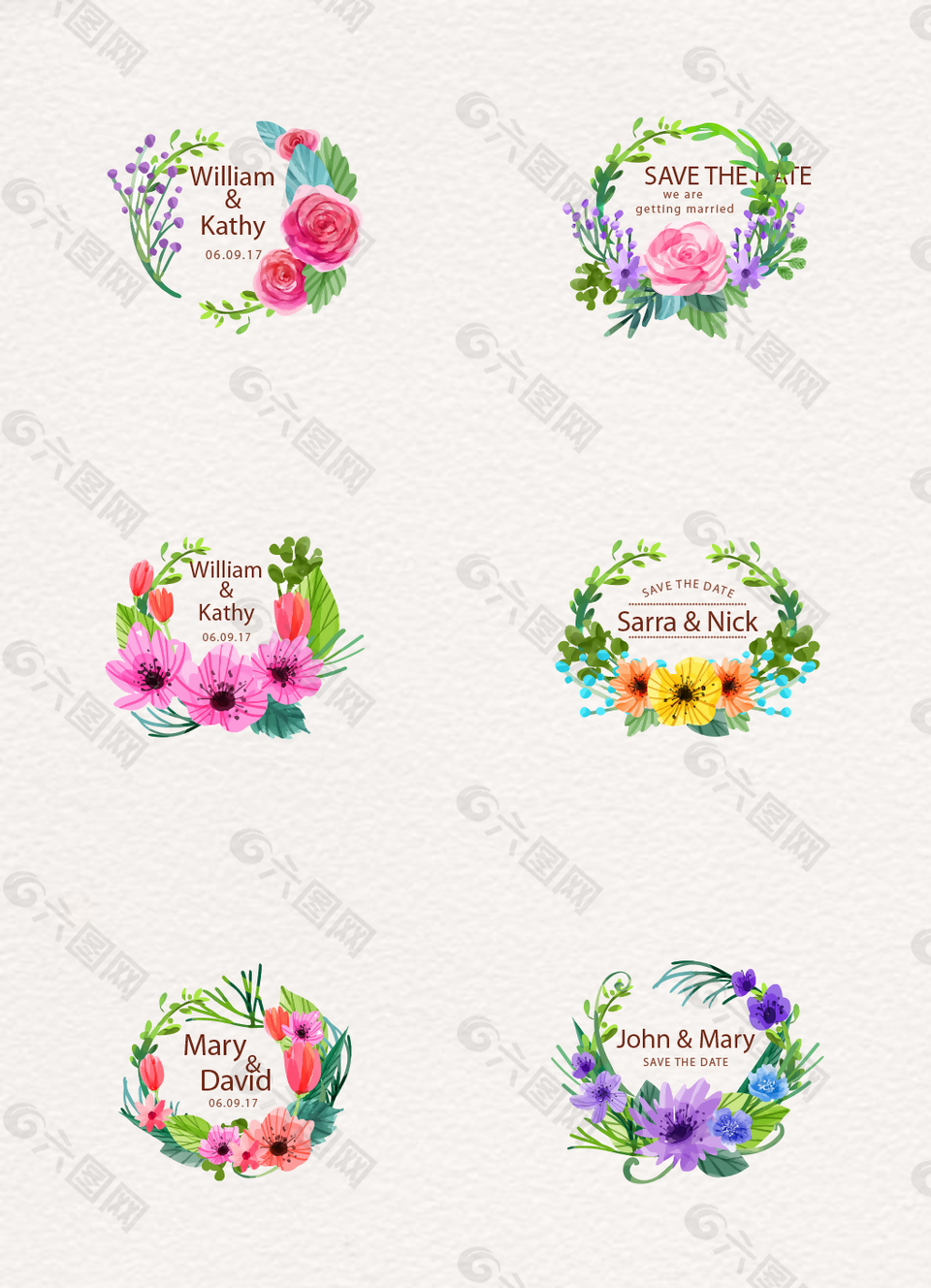 水彩绘花卉婚礼标签矢量素材设计