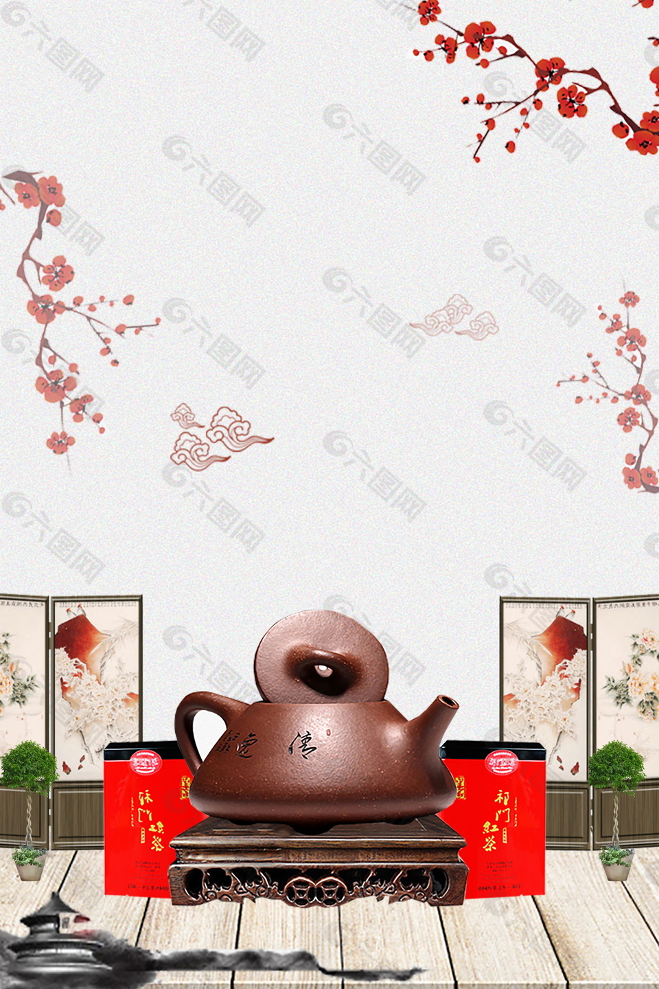 古典茶壶红梅花枝祁门红茶背景素材