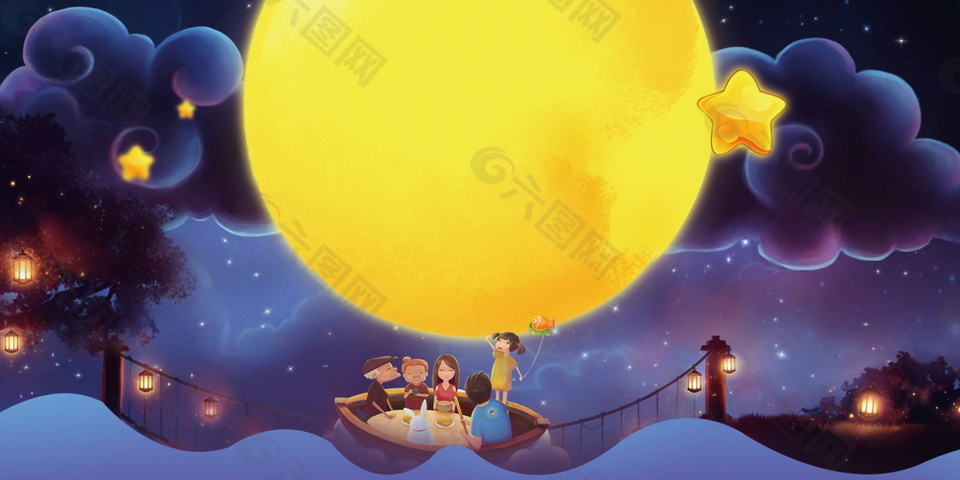卡通一家团圆赏月中秋背景设计