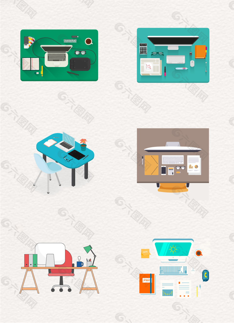 6组矢量办公桌工作区元素设计