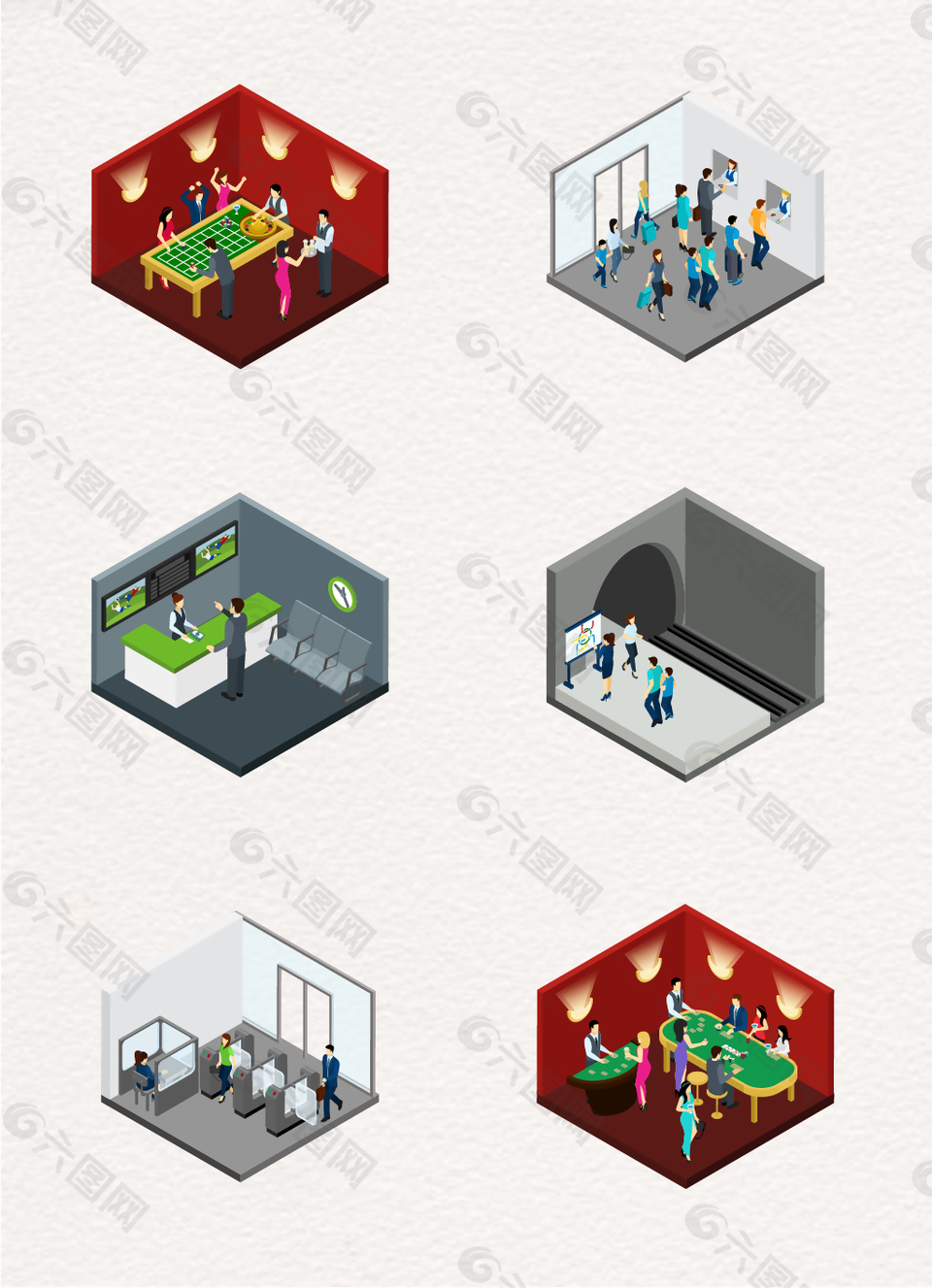 6组公共场所2.5D卡通场景元素