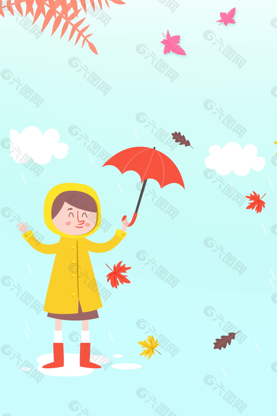 撑着落叶伞的孩子秋季背景素材