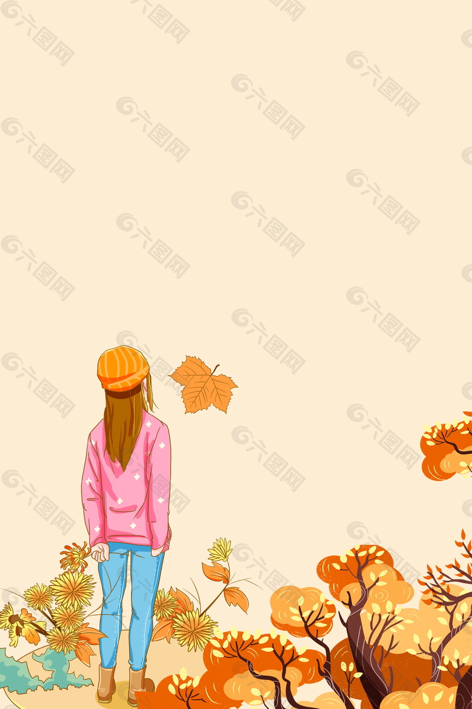 落叶堆里的女孩秋季背景素材