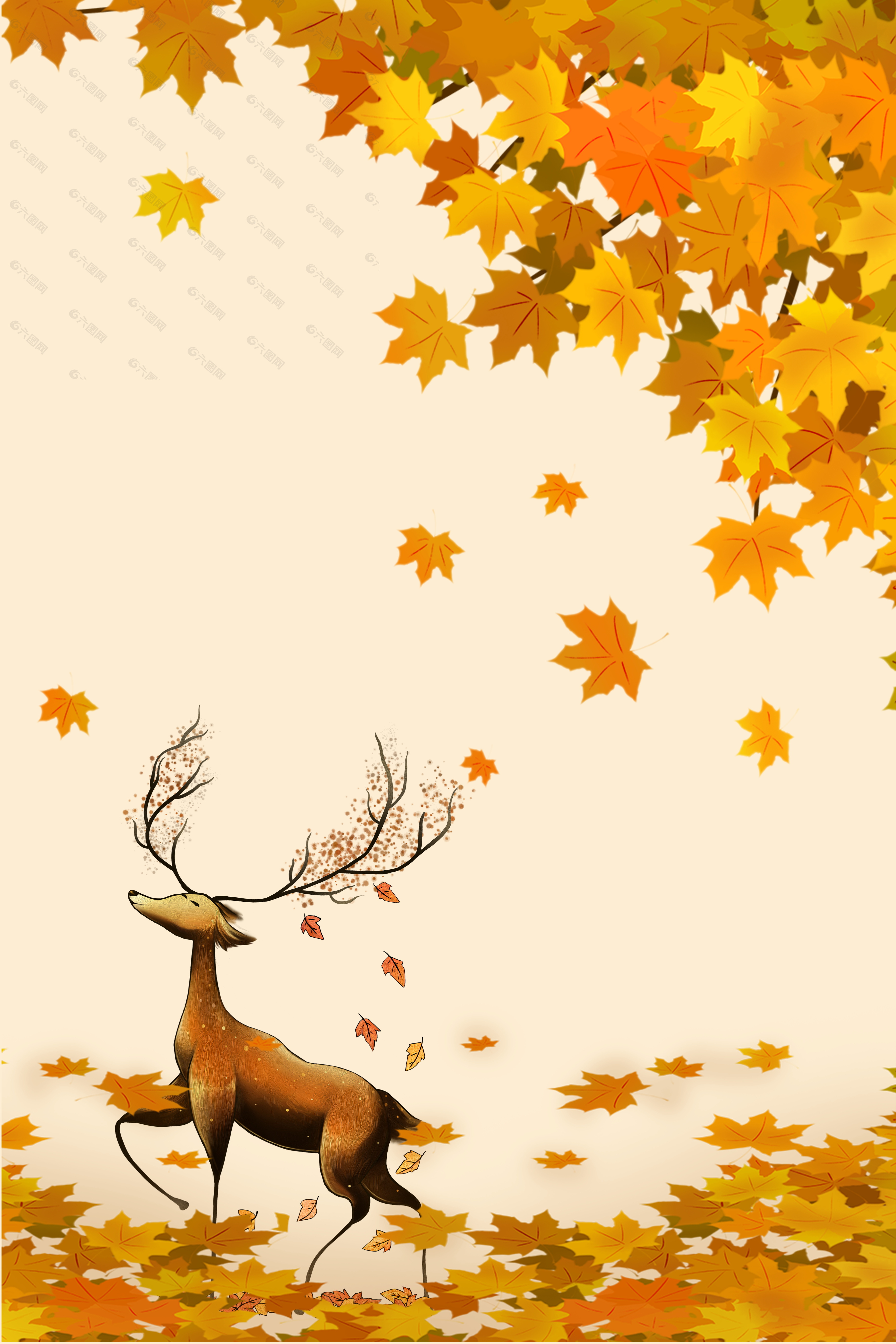 秋意浓枫叶林下的麋鹿枫叶背景素材