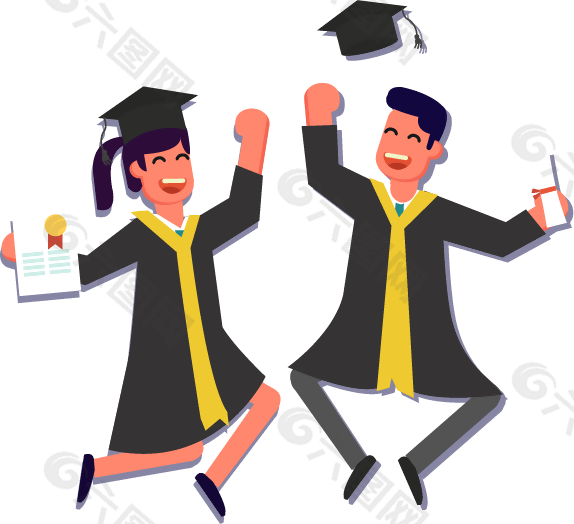 穿着学士服毕业欢呼跳跃的大学生