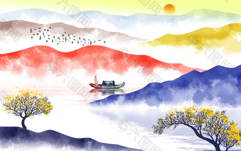 新中式彩色抽象水墨山水背景墙