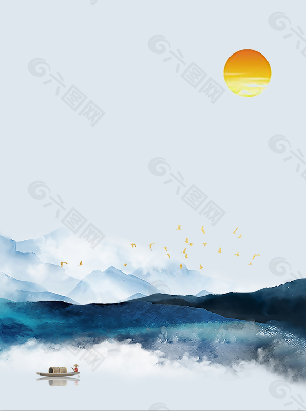 中国风蓝色水墨山水古典背景