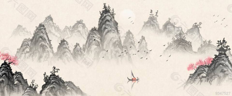 中国风意境水墨山水画古风山水装饰画