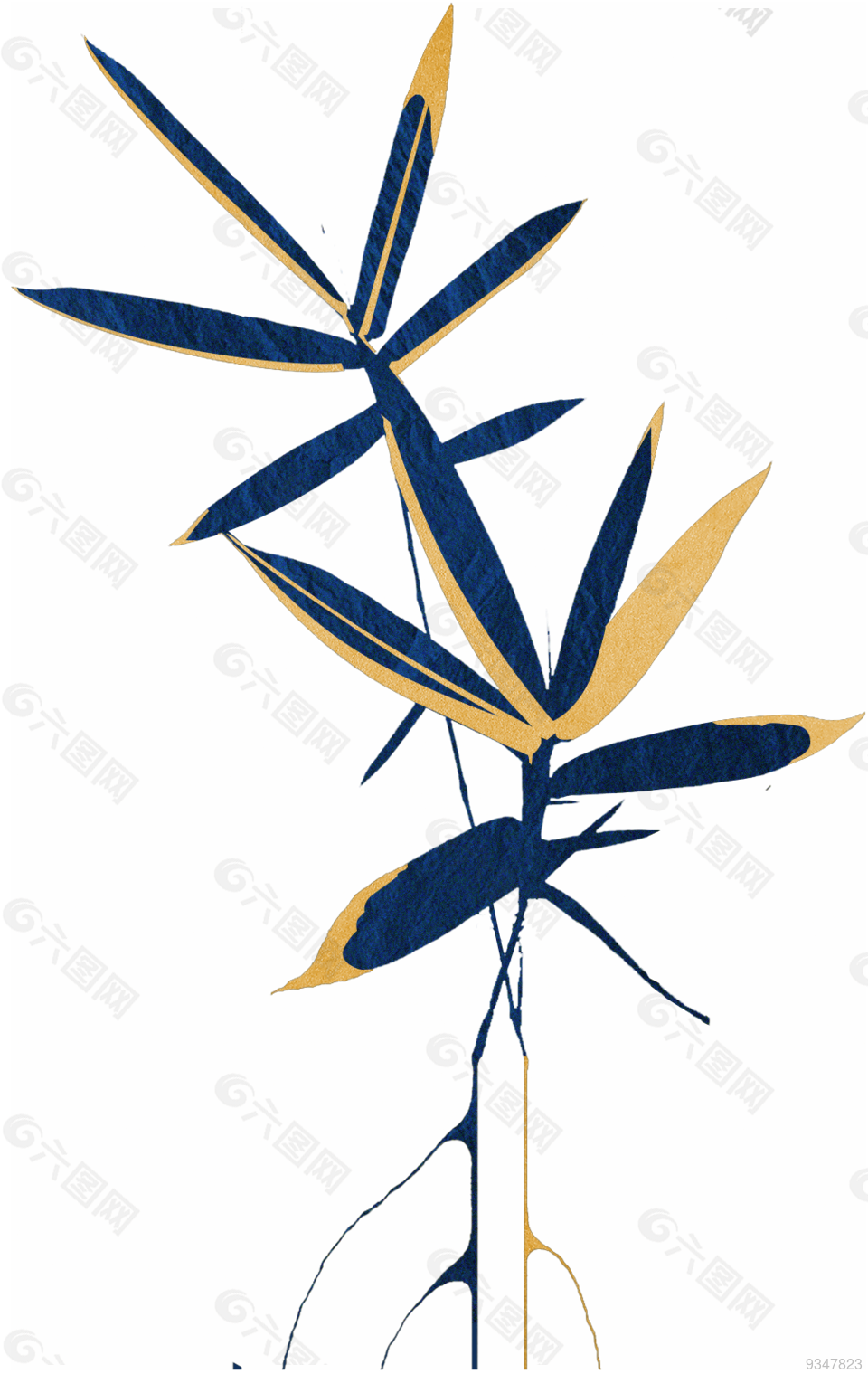 中式金色描边蓝色竹叶(1009x1597)
