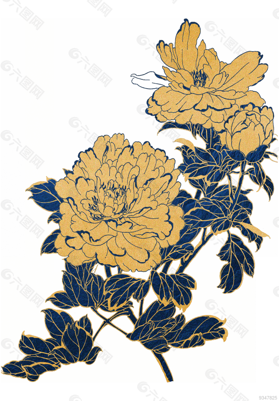 中式金色描边蓝色花朵(1116x1600)