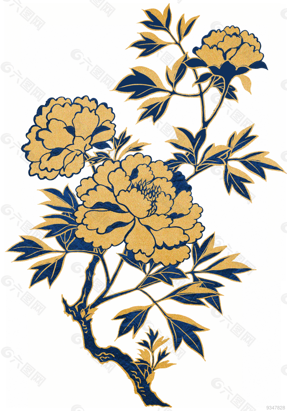 中式金色描边蓝色花叶子(1047x1500)