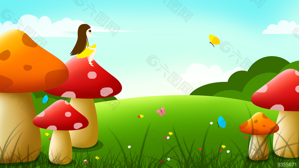 卡通 童话 蘑菇女孩 风景插画