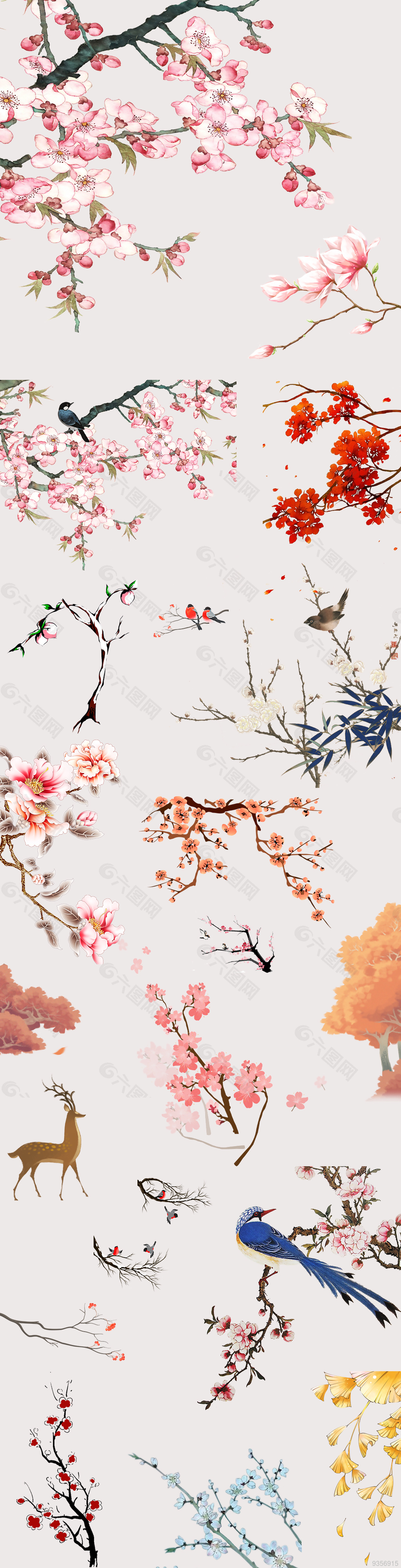 中国风手绘花鸟植物素材集合