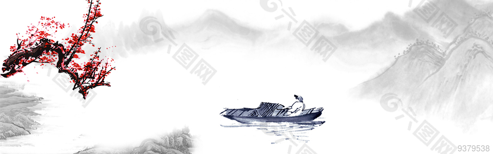 新中式孤舟山水画素材