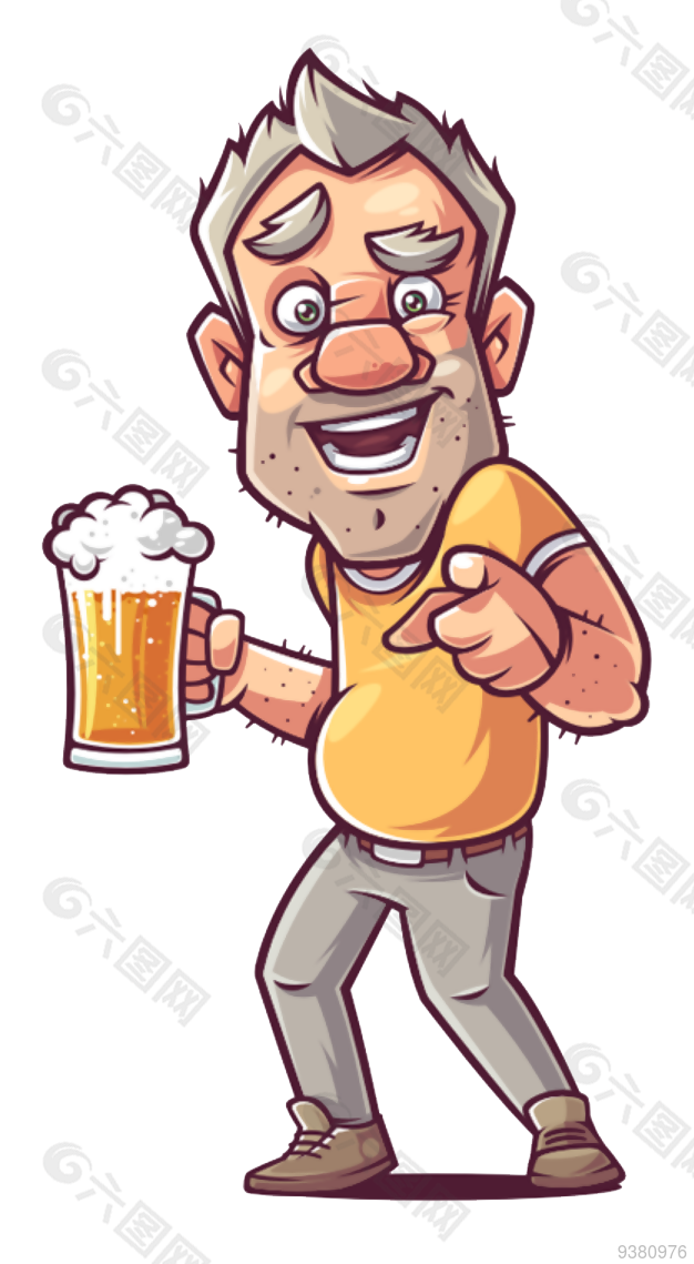 卡通老人喝啤酒