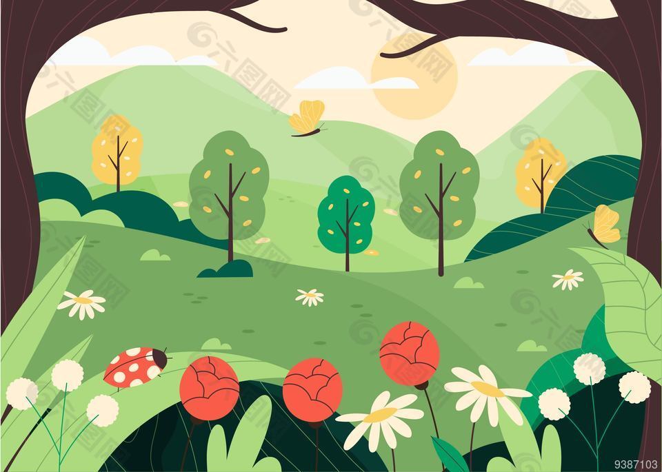 清新绿色系大自然背景插画图片