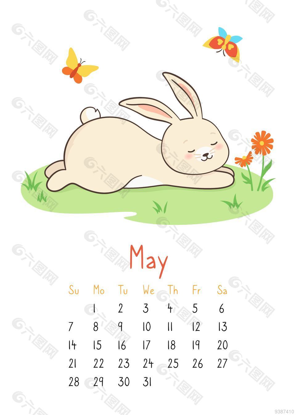 创意手绘兔年五月日历图片